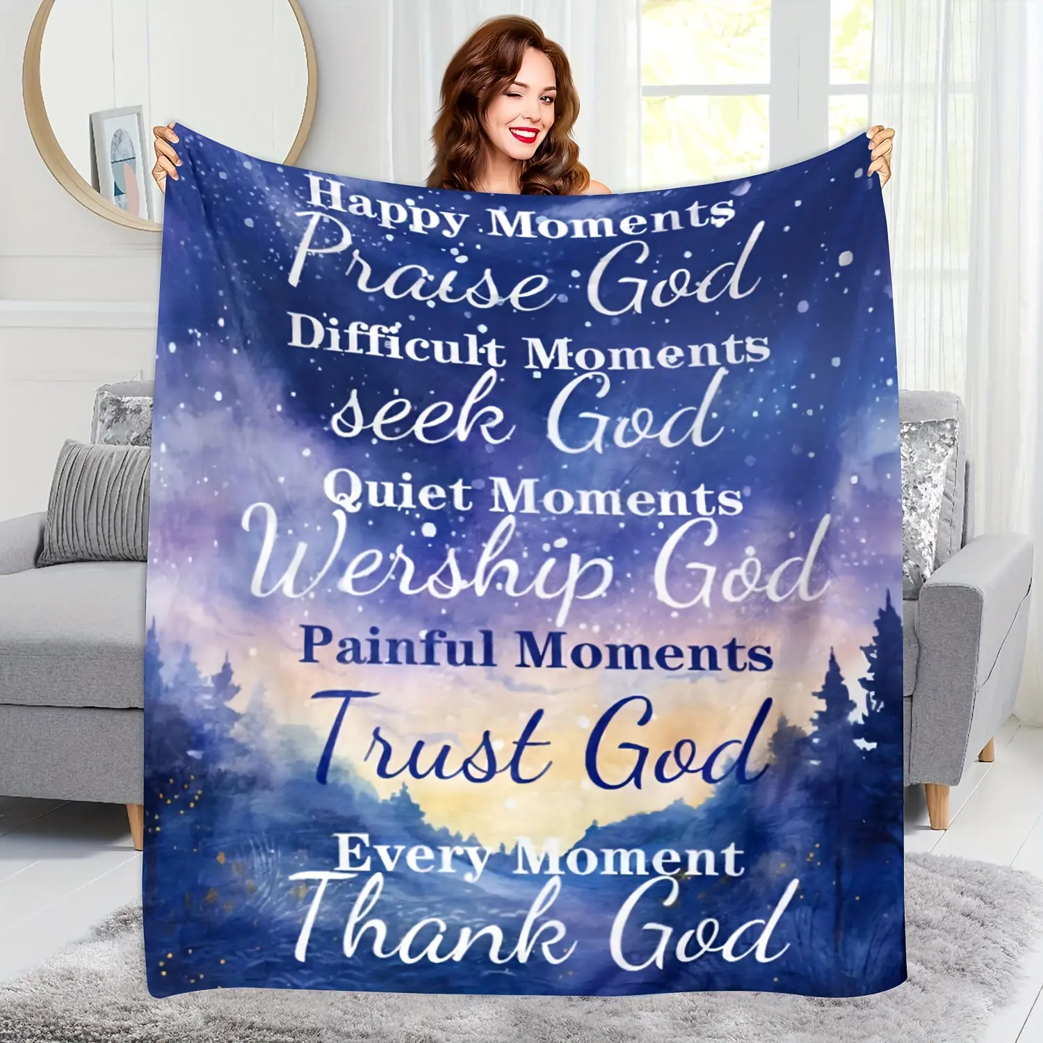 Vintage Religious Flannel Throw Blanket with Inspirational Praise & Worship Phrases, Soft Polyester Flannel, 280GSM, All-Season Comfort for Sofa, Ideal Gift for Faith Enthusiasts