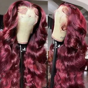 99j Burgundy 13x6 Lace Front Human Hair 250 Density Body Wave 13x4 30 32 Inch Red Colored Lace Frontal Wigs Brazilian 100% Human Hair Quality For Women On Sale