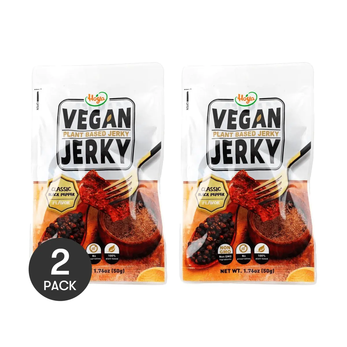 Hoya Plant-Based Vegan Jerky - Black Pepper Flavor (2 Packs, 50g Each) | Healthy Snack Alternative