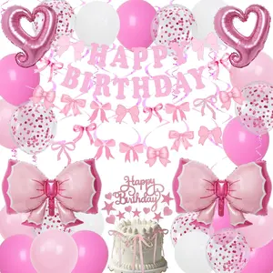 Bow Birthday Decorations, Happy Birthday Banner Garland and  Swirls, 28 count Balloons, Cake Toppers, Bow Themed Party Decorations for Girls Women
