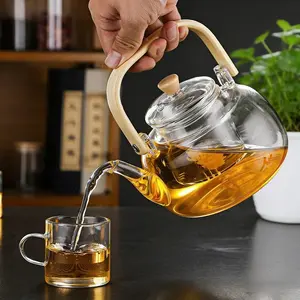 1000ML Glass Flower Teapot High Borosilicate Heat-Resistant Glass Large Capacity with Filter Bamboo Handle Square Lift Handle Household Boiling Water Tea Pot Tea set Teakettle Fruit Teapot Herbal Teapot and Coffee Teapot