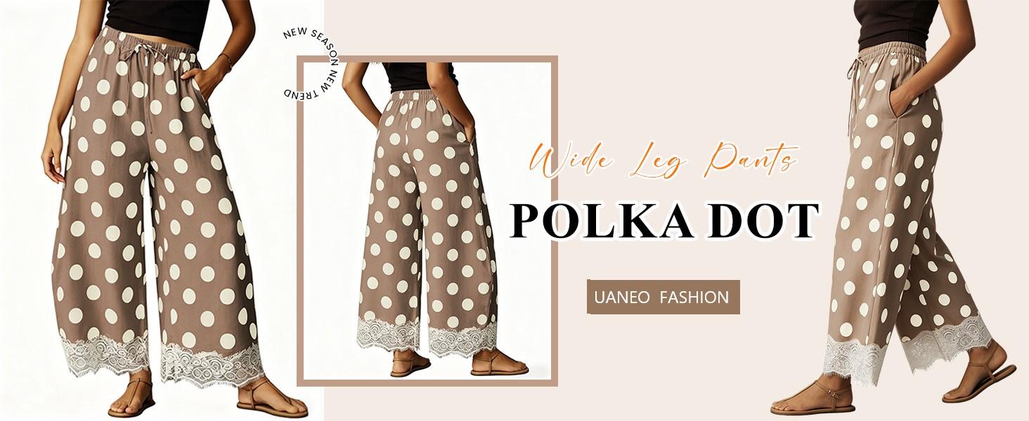 UANEO Womens Polka Dot Wide Leg Palazzo Pants High Waisted Summer Lace Trim Cropped Baggy Trousers with Pockets UANEO Womens Polka Dot Wide Leg Palazzo Pants High Waisted Summer Lace Trim Cropped Baggy Trousers with Pockets
