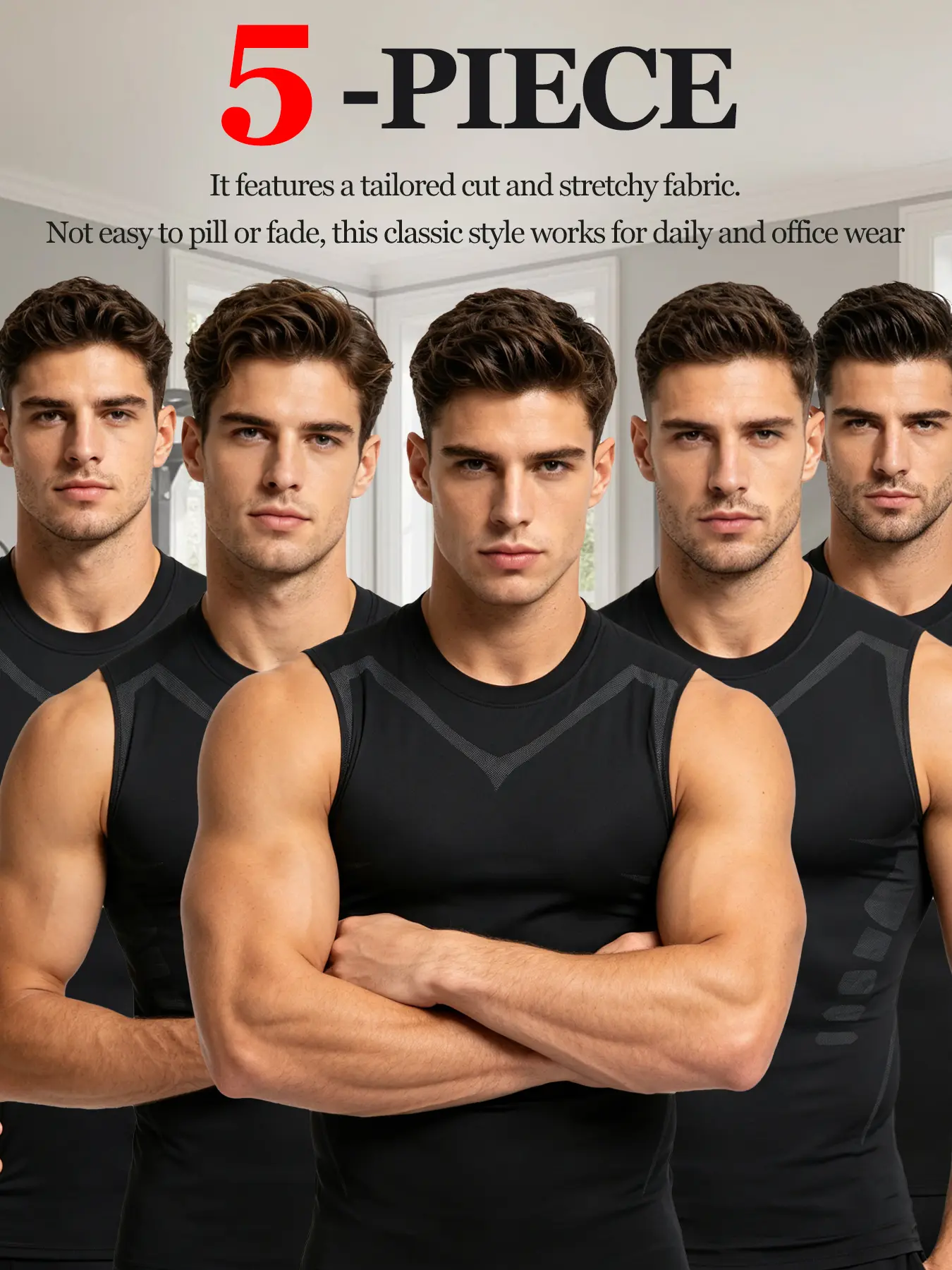 Mens 5-Pack Performance Compression Sleeveless Shirts Moisture Wicking Stretch Workout Tank Tops, Seam Detail Base Layer Tee for Fitness Training & Everyday Office Outfit