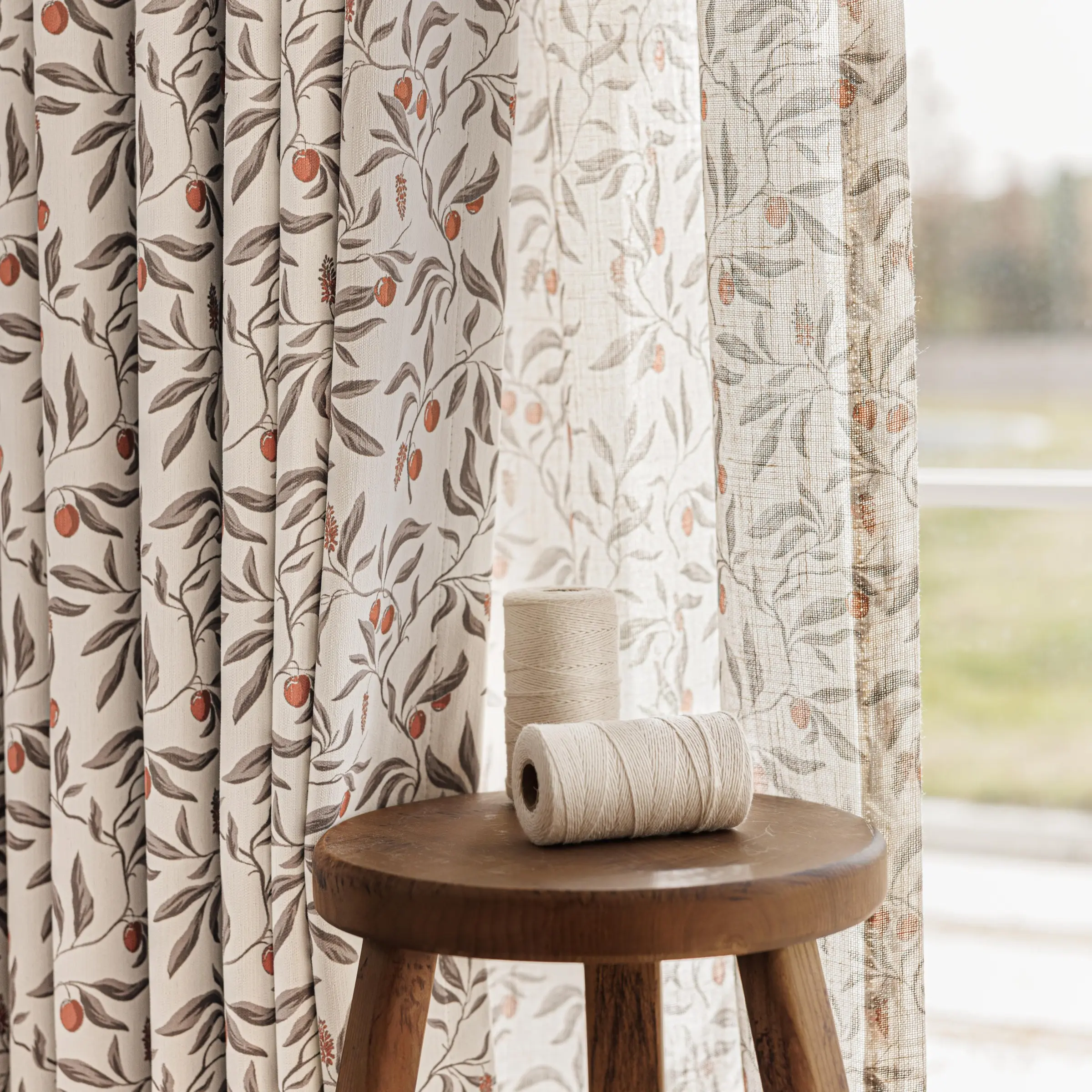 1pc Cottage Aesthetic Cherry Leaf Curtains (Chenille Blackout&Matching sheer curtain for the same pattern Grommet top) - Retro Pattern, Fresh Decor for Living Room/Bedroom