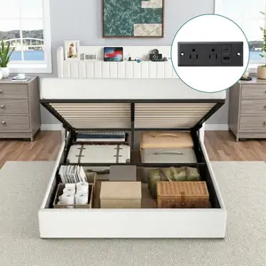 HOOMIC Full/Queen/King Size Lift Up Storage Bed Frame with Charging Station, Velvet Upholstered Platform Bed with Hydraulic Storage, Headboard with USB & Type-C Ports, No Box Spring Needed, Black/White/Grey/Cream White