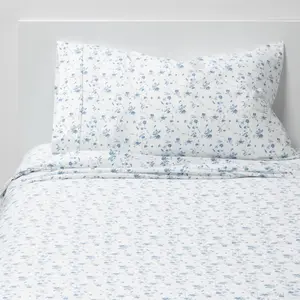 Twin/Twin XL Printed Performance 400 Thread Count Sheet Set White/Blue Floral - Threshold: Cotton Satin, 3-Piece Set