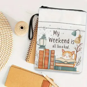 Charming Cat Themed School Bag with Zip, Durable Polyester, Lightweight and Washable, Perfect for Book Lovers, Teachers and Students