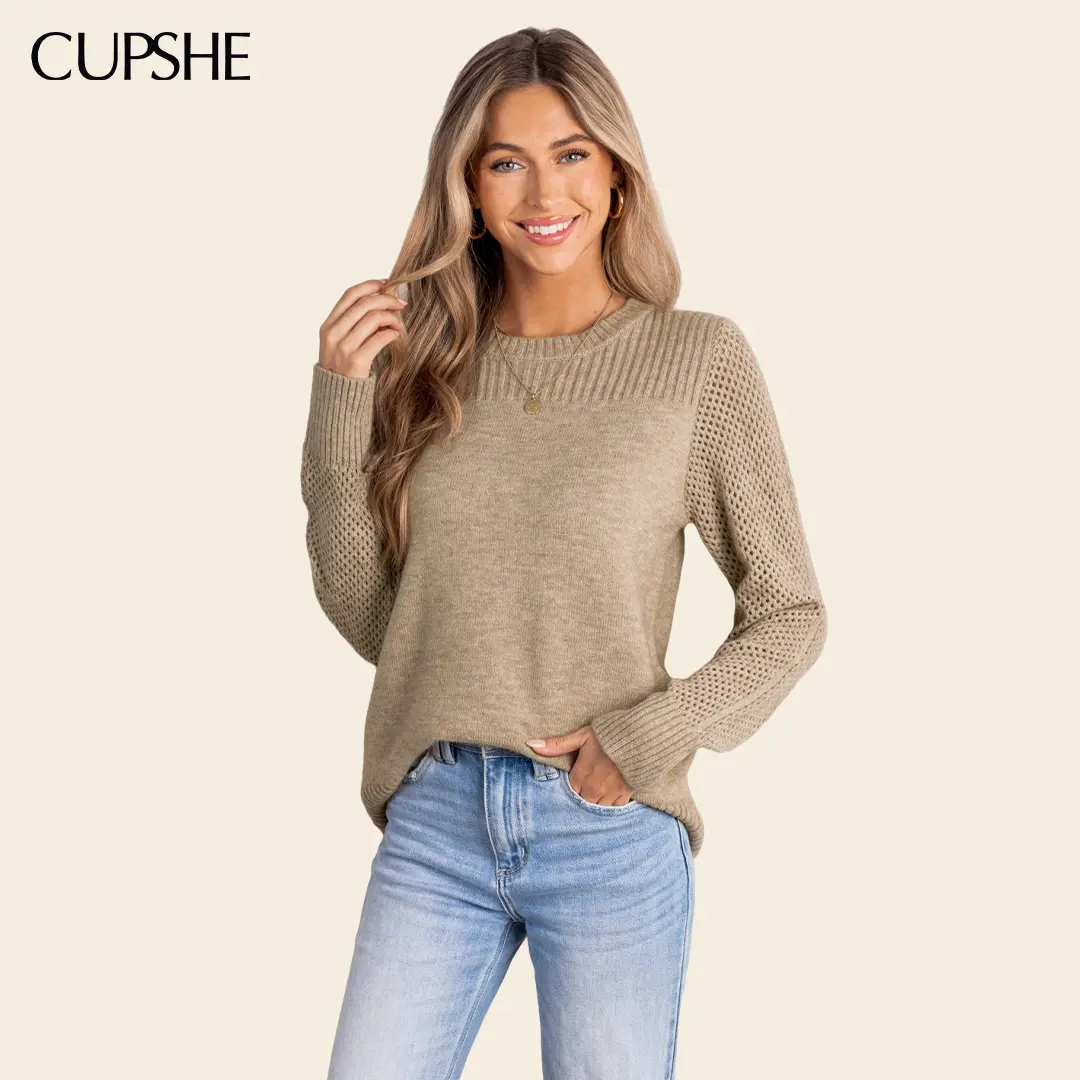 CUPSHE Women's Cardigan Crewneck Long Sleeve Knit Cardigan Sweater Womenswear Knitwear Tops for Fall Casual and Basic Knitted Shirt Knitting Khaki Fitted Cardigan for Women