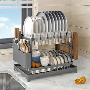 2-Tier Dish Drying Rack Stainless Steel Kitchen Counter Organizer with Cutlery & Cup Holders Draining Tray Rustproof Multifunctional Drainer Grey Finish