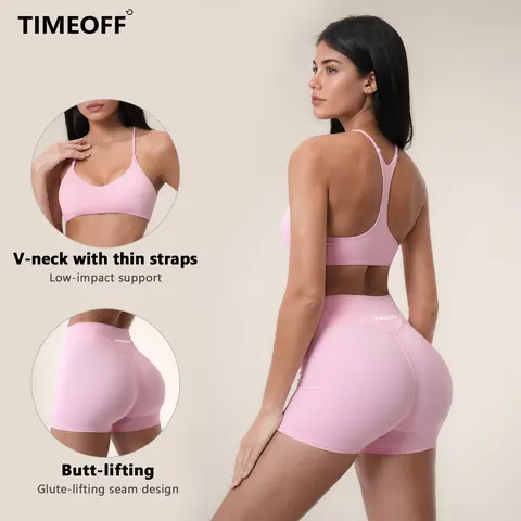 TIMEOFF Women's 2-Piece Y-Back Sports Bra & High Waist Biker Shorts Set - Women's 2-Piece Set, Adjustable Straps, Glute-Lifting Seam Design, 4-Way Stretch Soft Fabric, Back Sculpting, Tummy Control, Non-Sheer - Ideal for Yoga, Gym, Active Fitness, Women's