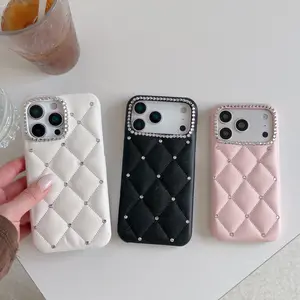 Quiet Luxury Quilted Leather Texture Rhinestone Phone Protective Case Available In Black White Pink For iPhone13 14 15 16 17 Full Series Half Coverage Shockproof Case Durable Accessories