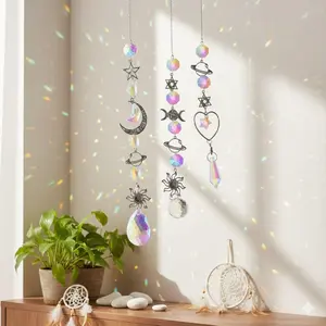 Rainbow Prism Wind Chime Dreamcatcher, Sun Moon Garden Decor with Multi-Facet Crystal Refraction, Outdoor Hanging Ornament for Patio Atmosphere, Colorful Sunlight Wind Chimes and Rainbow Light Catcher, Bohemian Wind Chime