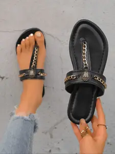Fashionable black women's summer open-toe flat sandals with chain design, soft sole, lightweight and comfortable, hollow-out breathable, outdoor beach shoes, Boho Style Sandals