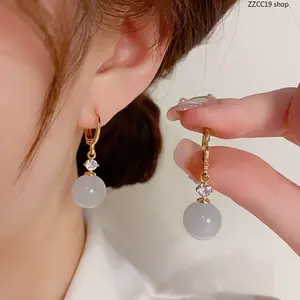 Gold Plated Cuff Hoop Earrings with Opalite Cat's Eye Bead & Crystal Accent, Dainty Dangle Earrings for Women Daily Wear