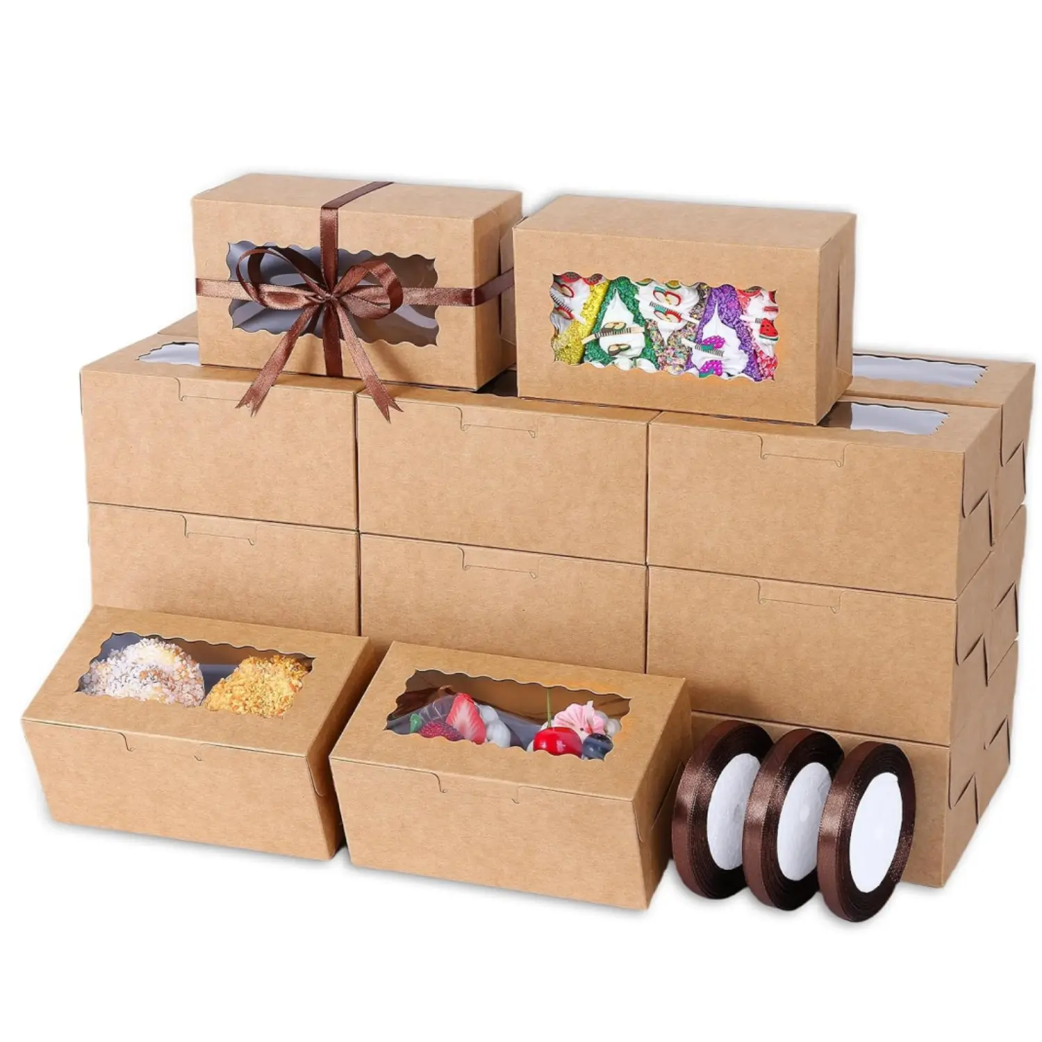65 Pcs Kraft Paper Bakery Boxes with Transparent Window View - 6.29x3.54x2.95 Inches Small Gift Packaging Boxes for Party, Business (Cookie, Pastry, Treat, Cupcake, Cake, Dessert) - Home Improvement