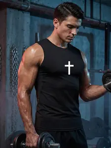 Men's Cross Print Sleeveless Compression Shirts, Gym Workout Fitness Athletic Tank Top, Summer Quick Dry Sports Running Basketball Undershirt Base Layer
