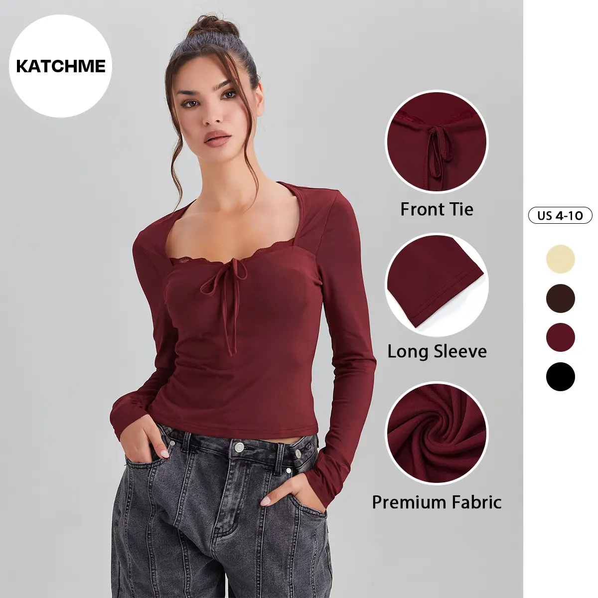 KatchMe Women's Chic Solid Color Lace Trim Long Sleeve Top, Elegant Front Tie Lightweight Top, Minimalist Slim Outfit for Spring & Fall