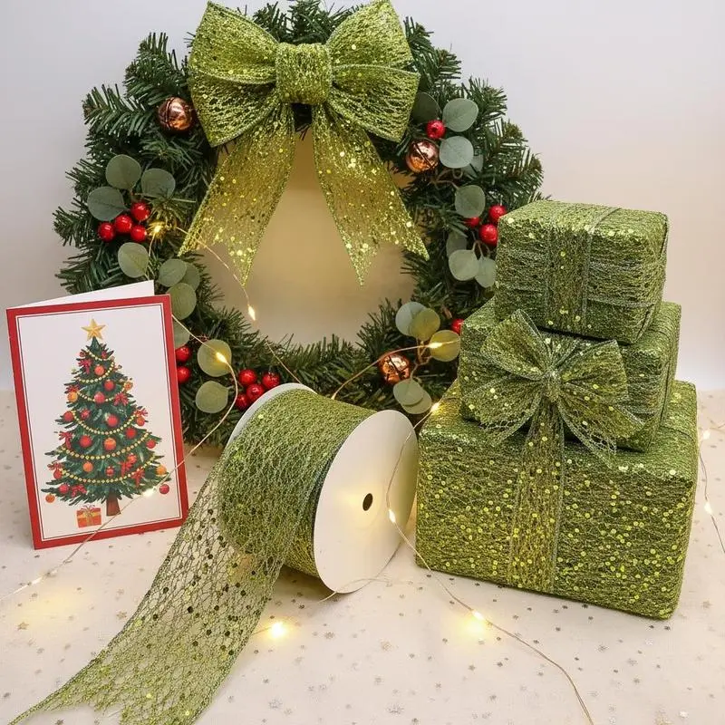 2.5inch 10Yards/roll Christmas Metallic Bow Ribbon, Champagne Shiny Mesh Wired Ribbon, Suitable for Wedding Decoration/Christmas Tree Decoration/DIY Craft/Wreath Making/Home Decoration, Warm Atmosphere Matching