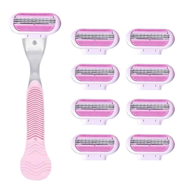 Ladies' Manual Safety Shaver Set, 1 Handle with 8 Replaceable Blades, Hypoallergenic Hair Removal Tool Compatible with Venus, for Bath & Body Care