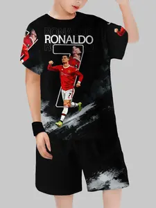 Ink Print Cr United Youth Short Sleeve Set, Devil Style, Energy Vibrant, Football Star Image, Fan Favorite, Casual Fitted Kids Clothing