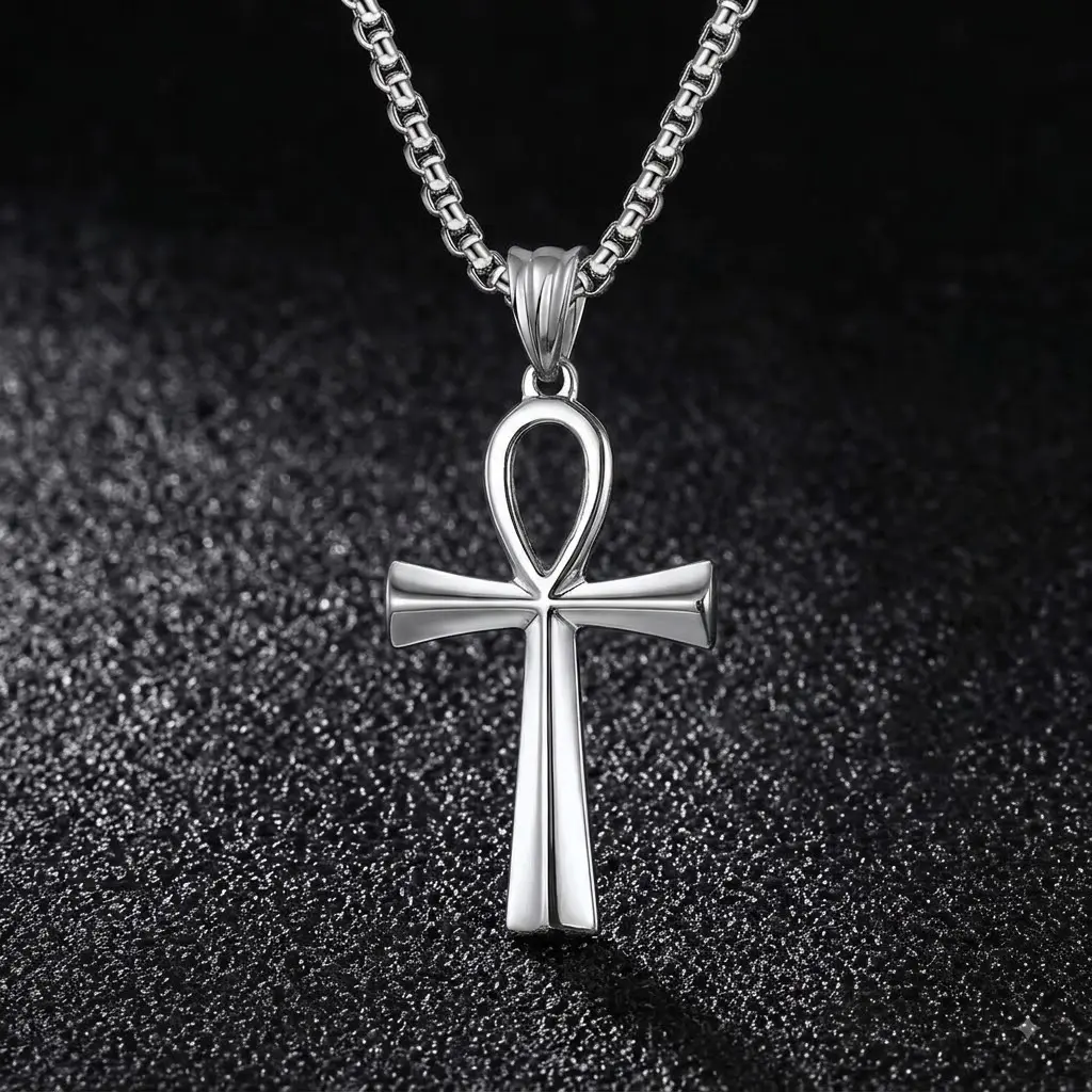 Stainless Steel Coptic Ankh Cross Pendant Necklace for Men Women, 24 Inch Wheat Chain, Waterproof Hypoallergenic Religious Ankh Jewelry, Silver Gold Black, Baptism Communion Gift
