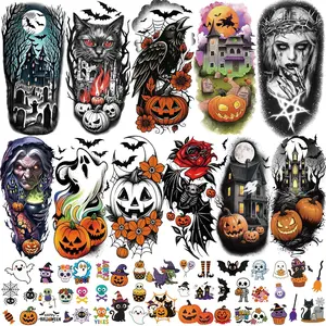 77 Sheets Halloween Temporary Tattoos Adults Kids, 17 Sheets Skeleton Death Skull Brooms Cauldrons Black Cats Half Arm Halloween Fake Tattoo, 60 Sheets Bat Scary Tiny Tattoos for Halloween Costume