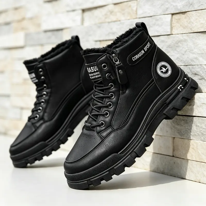 Men’s high-top work boots with side zipper, fleece lining, thick warm fur lining, non-slip rugged platform ankle shoes, waterproof leather casual outdoor footwear for cold weather, khaki/black winter sneakers for men and teen boys, holiday gift