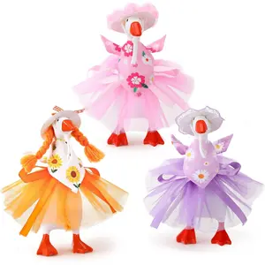 3 Sets Spring Summer Floral Costume Outfits for 7 Inch Desk Goose with Mini Bonnet Mesh Skirt Floral Bandana