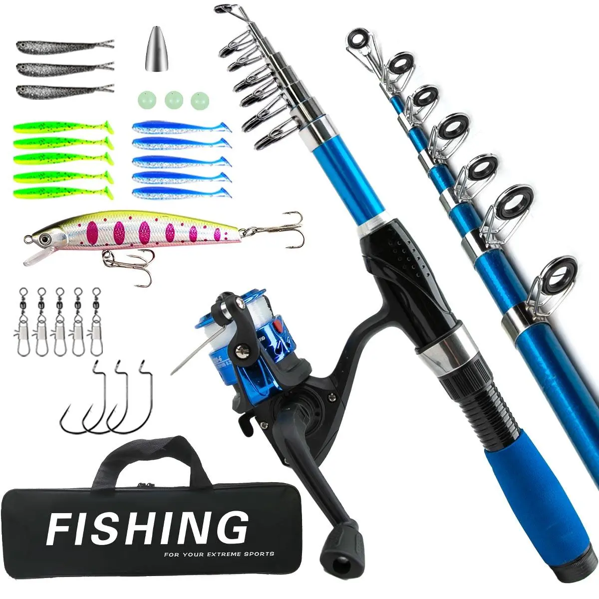 Portable 1.7m Fishing Kit, Retractable Fishing Rod with Fishing Reel & Fishing Lures & Fishing Hooks & Fishing Bait & Fishing Net & Fishing Bag, Fishing Gear Set, Fishing Equipment