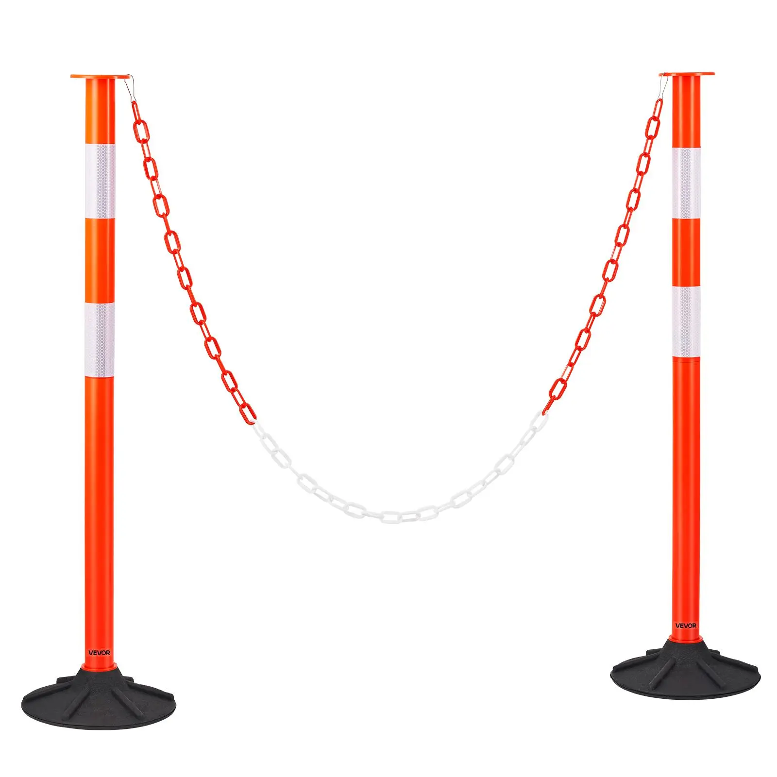 VEVOR 2-Pack 34 in Heavy Duty Traffic Delineator Posts, Rubber-Coated Non-Slip Protective Posts with Weighted Base, Reflective Strips & Chain, Traffic Control Hazard Marking Equipment for Construction Site, Parking Lot Guidance, Roadway Delineation