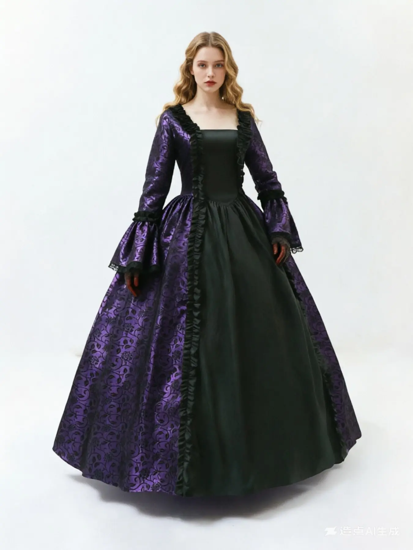 Adult Women Dress Medieval Bell Sleeve Long Sleeve Victorian Floral Party Formal Gown Renaissance Gothic Flower Robe, All Seasons Fashion