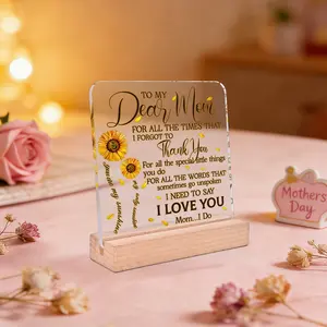 1pc "To My Dear Mom" Acrylic Ornament Sign With Wooden Base, I Love You Mom Desktop Ornament, Ideal Mother'S Day/Birthday Gift For Mom, Suitable For Home, Holiday, Party, Room, Bedside Table Decoration