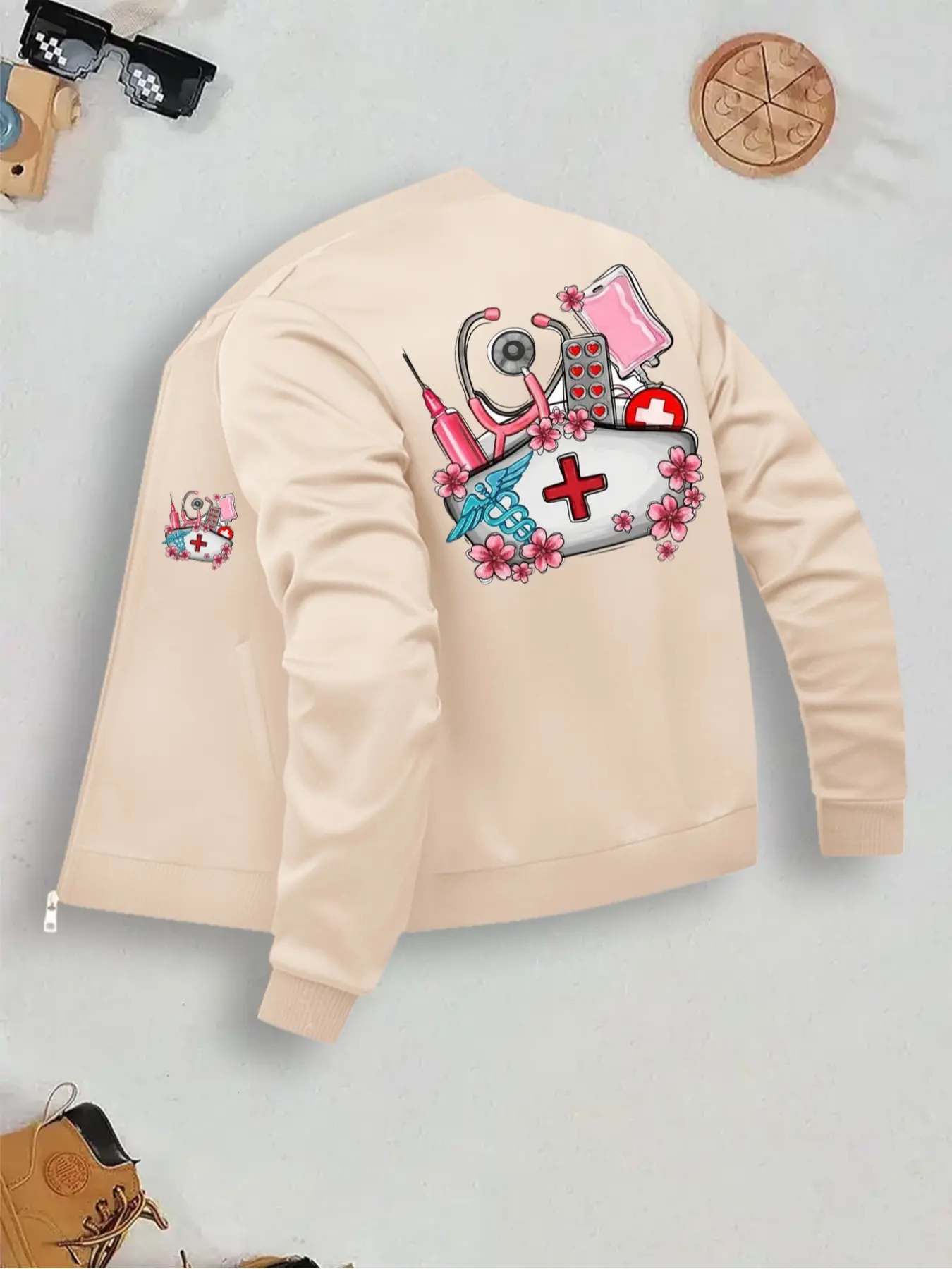 Women's Nurse Jacket Workwear, Womenswear, Coats, Casual Fitted Outerwear, Long Sleeve, Fitted, Print, Zipper Front, Comfortable Fabric, Casual Fashion, Medical Personnel Clothing, Casual Pocket Jacket, Fall & Winter
