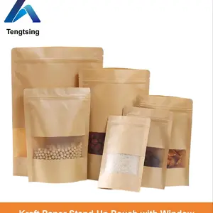 100pcs Windowed Kraft Paper Bags Self-Sealing Zipper Pouches Food Grade Tea Nut Snack Packaging, Reusable and Durable Storage Bags, Multipurpose Storage