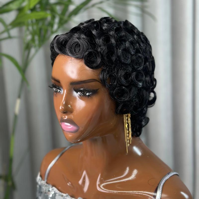 ShowReal 025 Short Pixie Cut Wig Wavy Pin Curls Black Mommy Wig Curly Bomb #99J #1B/30 #4 #1B/4/27 #4/30/4 Colorful Brizalian Virgin Human Hair Cute Style Wigs For Black Women