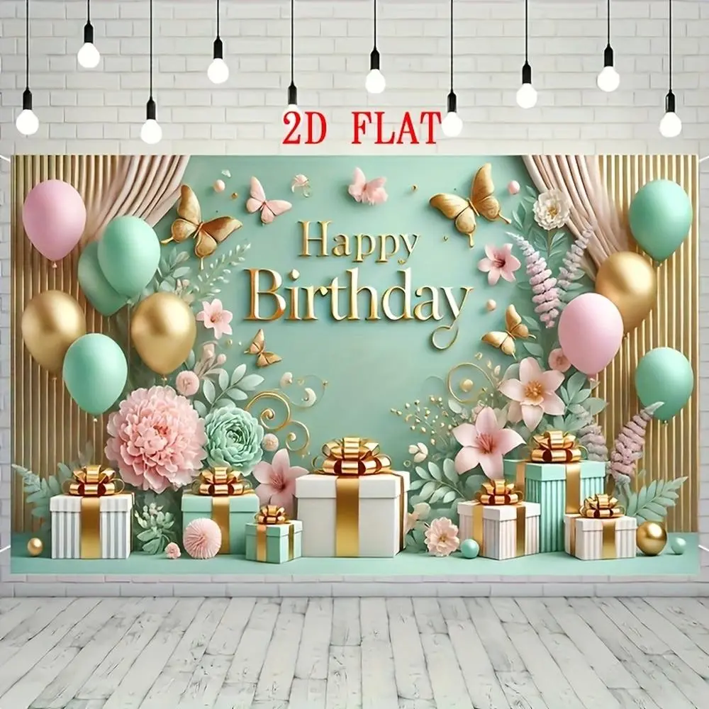 60x40 Polyester Event Backdrop Banner, Elegant 2D Flat Party Decoration Supplies with Mint Green & Golden Flower Print and Gift Box Ornaments for Birthday Celebrations