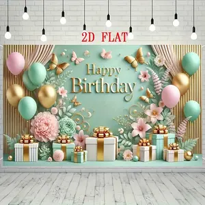 A 2D Flat Banner, One Piece of an Elegant Birthday Party Backdrop, Measuring 60 by 40, Featuring a Mint Green And Golden Floral Pattern, Adorned with Gift Box Decorations, Made of Polyester, a Versatile Decorat Ornaments