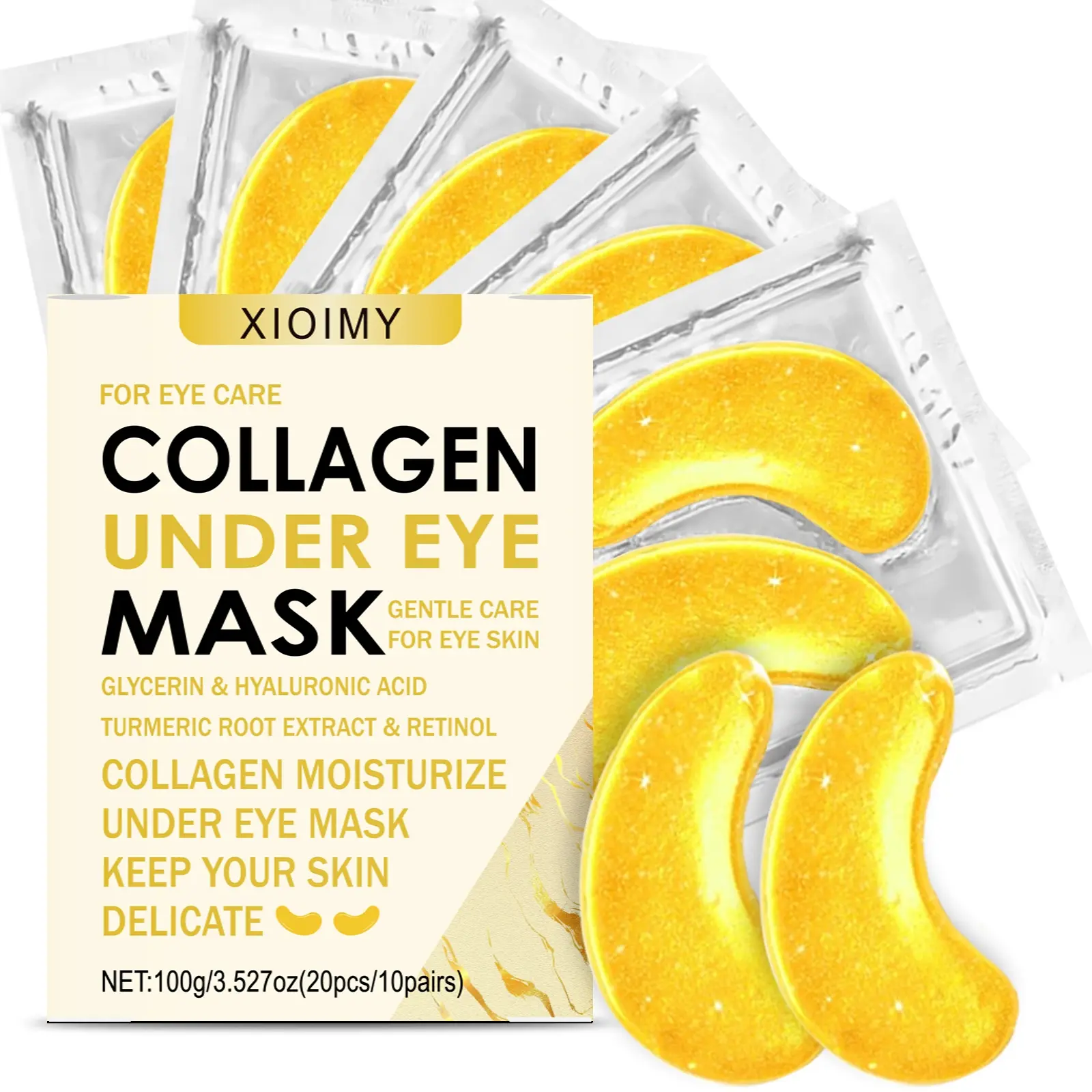 20pcs Collagen Turmeric Eye Masks, Elastic Moisturizing Care, Brighten Eye Glow, Smooth Skin, Reduce Dark Circles, Suitable for All Skins