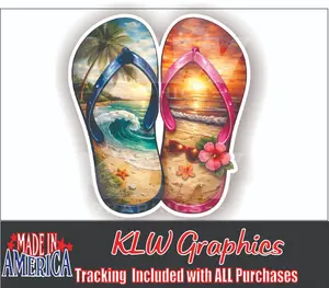 Tropical Beach Flip Flops Full Color Sticker Ocean Wave Sunset Palm Tree Summer Vinyl Decal