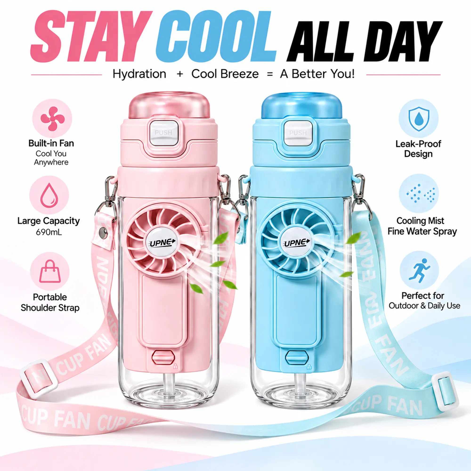 UPNE 3-in-1 Sports Water Bottle - Rechargeable Portable Cooling Fan Cup with 3 Adjustable Fan Settings, Spray Design for Rapid Cooling, Ideal for Outdoor Activities, Travel
