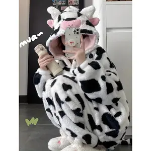 Women'sCuteCowPlushPajamaSet,ThickenedFabric,LongSleeveHoodiewithPocketsLoungewearPantsWinterNightwear