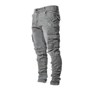 Jeans Men Baggy Bootcut Casualtrendy Mid Waist Elastic Multi-bag Slim Fit Below the Ankle Machine Washable European Style Slimming Effect Menswear Stylish Trouser Plain Streetwear Denim Leggings Pants Pocket Beige