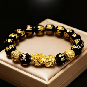 Unisex Trendy Feng Shui Pixiu Bracelet Feng Shui Chinese Bracelet for Men & Women with Amulet, Wealth, Lucky Charm, Anti Evil Eye, New in Black and Golden Original Imitation obsidian gold-plated Pixiu