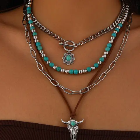 Boho Style Turquoise Texture Decor Layered Necklace, Western Style Adjustable Cow Head Pendant Necklace & Chain Necklace Pendant Design, Fashion Jewelry Accessories for Women & Men