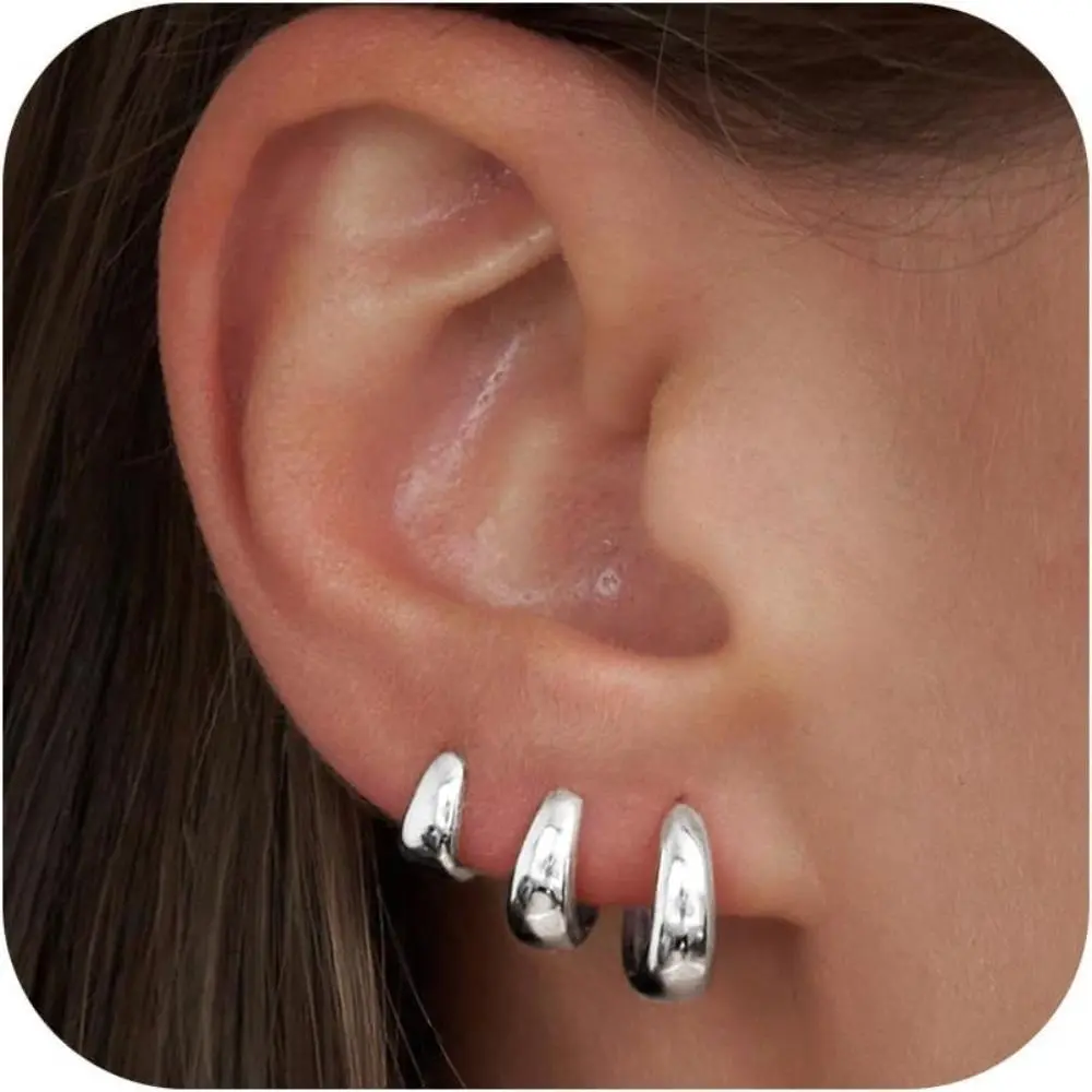 3 Pairs Small Silver Hoop Earrings Set for Women Silver Plated Hypoallergenic Lightweight Thick Chunky Silver Hoops Huggie Earrings for Women Trendy Jewelry summerwins