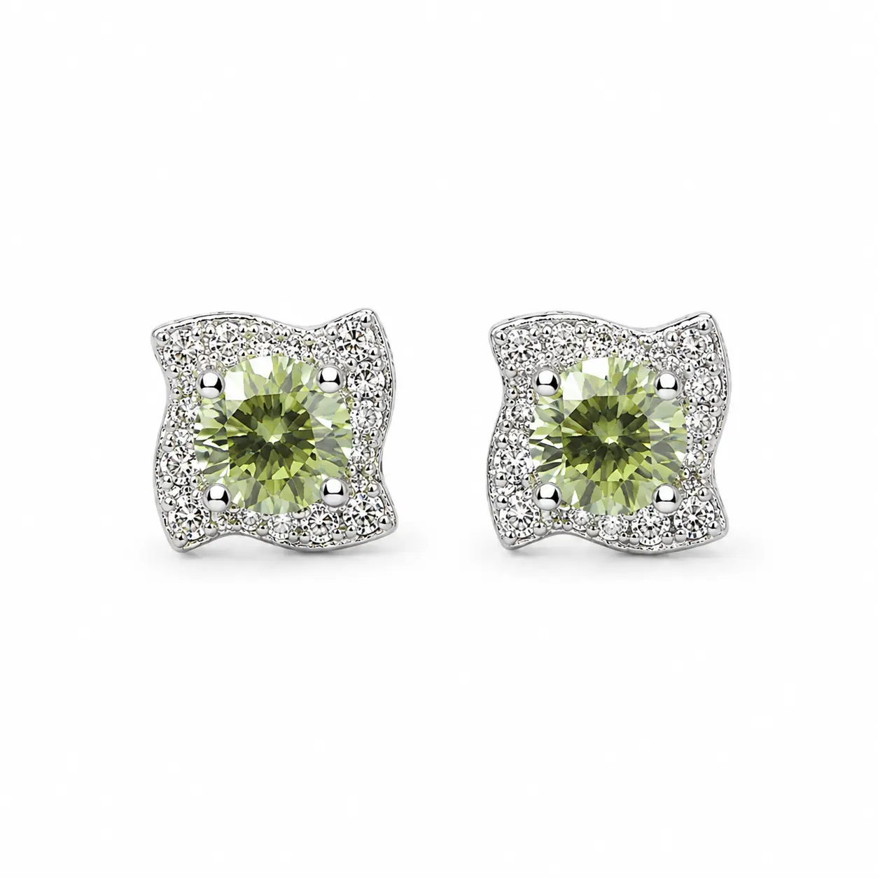 Women's Green Round-Cut Moissanite Stud Earrings with Sparkling Cushion Halo Design