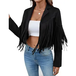 Faux Suede Leather Tassel Jackets With Lining Cropped Fringe Coats For Women
