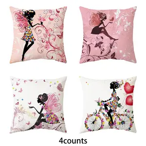 Fairy Pattern Cushion Cover, 4 Counts/set Square Throw Pillow Cover without Filler, Household Decoration Supplies for Home Living Room Bedroom