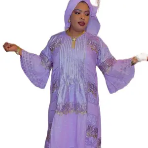 Bazin with Lace Lavender Long Sleeve Traditional Dress for Women Elegant Fit
