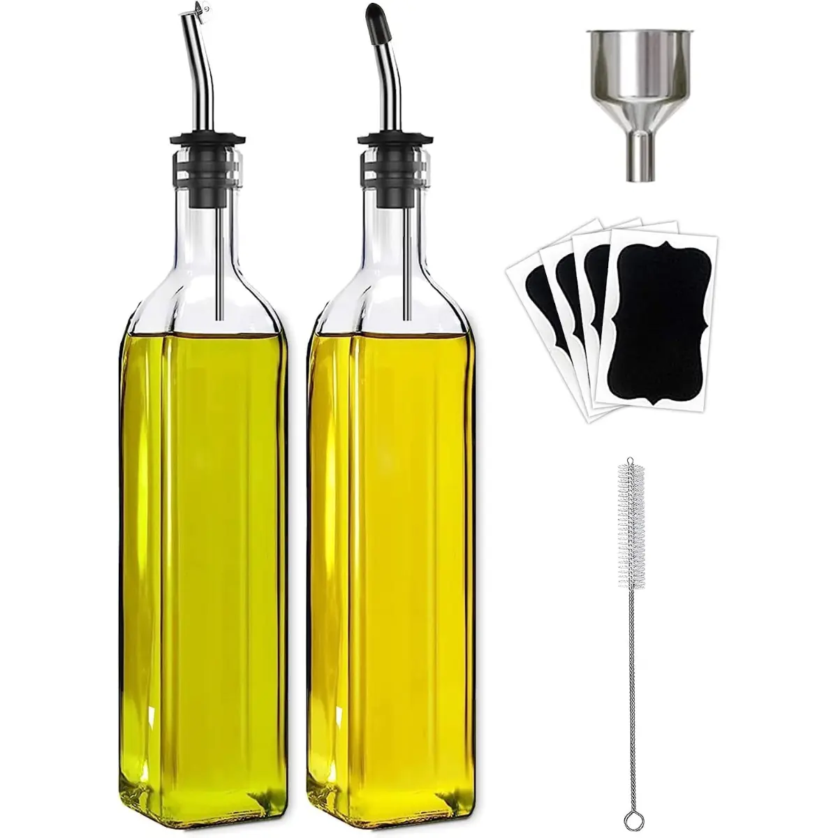2PCS Glass Olive Oil & Vinegar Dispenser Set 500ml | Kitchen Oil Bottles with Stainless Steel Pourers, Labels, Funnel & Brush
